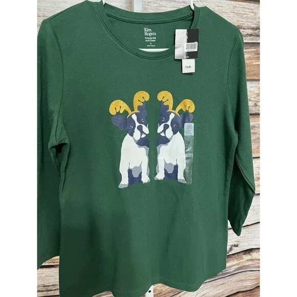 KIM ROGERS NWT Women's Christmas Boston Terrier With Antlers Top Green Small - Picture 3 of 9